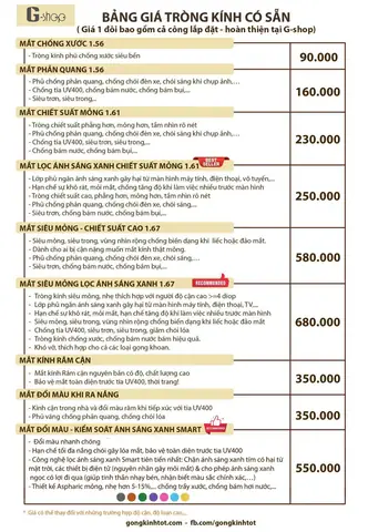 Bảng Giá Mắt Kính Cận Siêu Mỏng